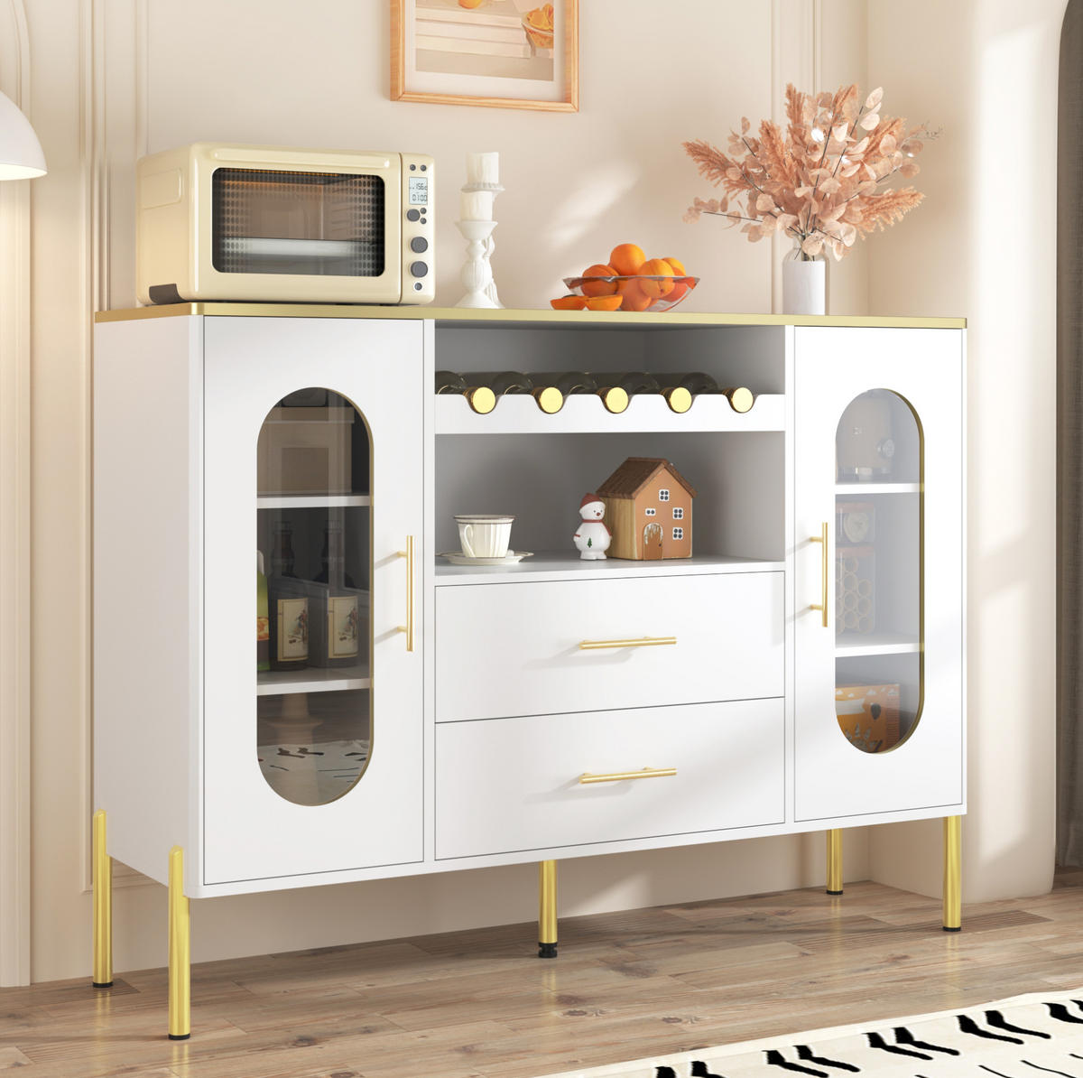 SIDEBOARD mit Glasfronten und integriertem Weinregal, 120/38/90 cm, Weiß mit goldenen Akzenten - Weiß, Holzwerkstoff (120/90/38cm) - Redom