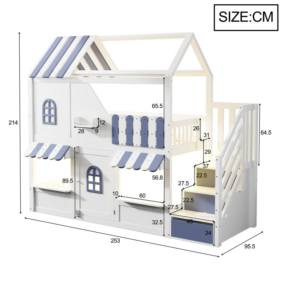 ETAGENBETT Hausdesign Weiß Blau - Blau, Holz (90/200cm) - ComfortXL