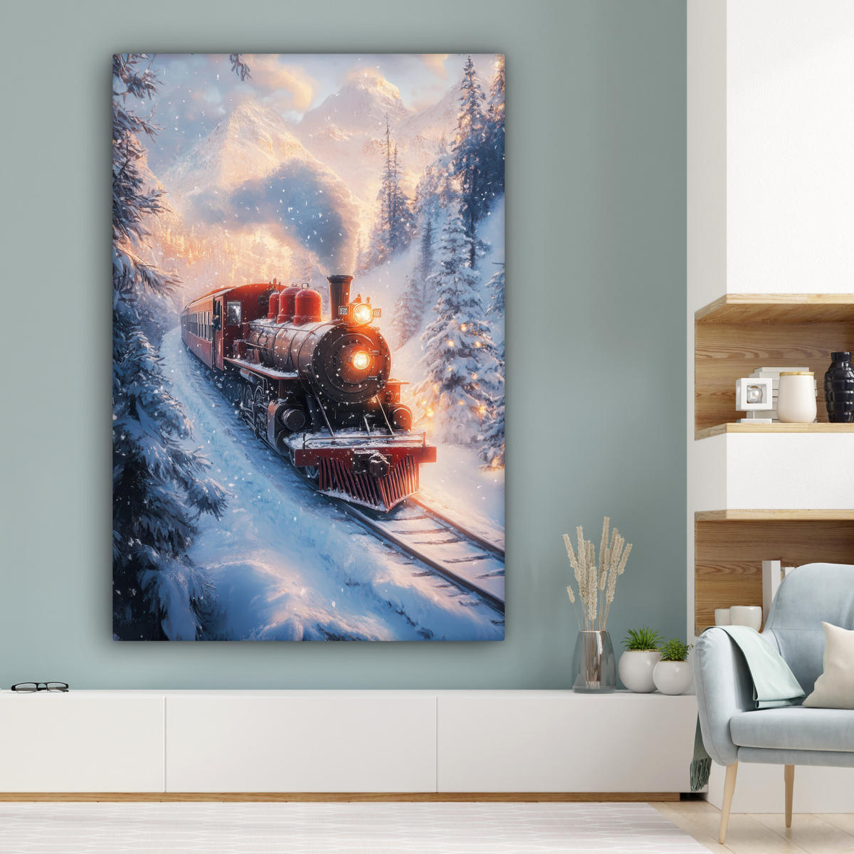 OBRAZ NA PLÁTNĚ Vánoční vlak - Sníh - Zima - Vánoce 90x140 cm - tmavě červená, textil (90/140cm) - MuchoWow
