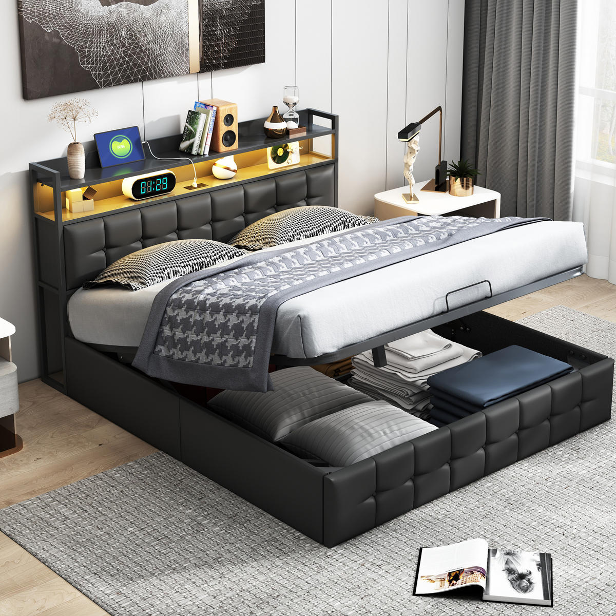 POLSTERBETT 160x200 cm, Schwarz, LED-Beleuchtung, Kunstleder - Schwarz, Textil/Metall (140/200cm)