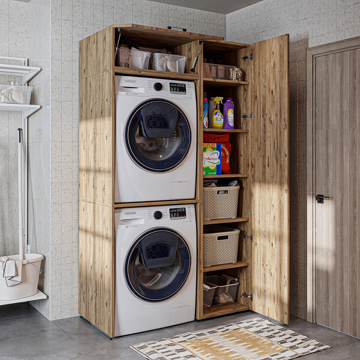 WASCHMASCHINENSCHRANK DUO-II 112cm Breit, 205cm Hoch - Eichefarben, Holzwerkstoff (112/205/67cm)