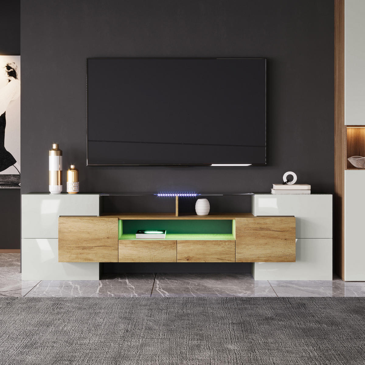 TV-ELEMENT mit LED-Beleuchtung 200 cm Weiß/Natur - Braun, Holzwerkstoff (30/60/200cm) - Beauniv