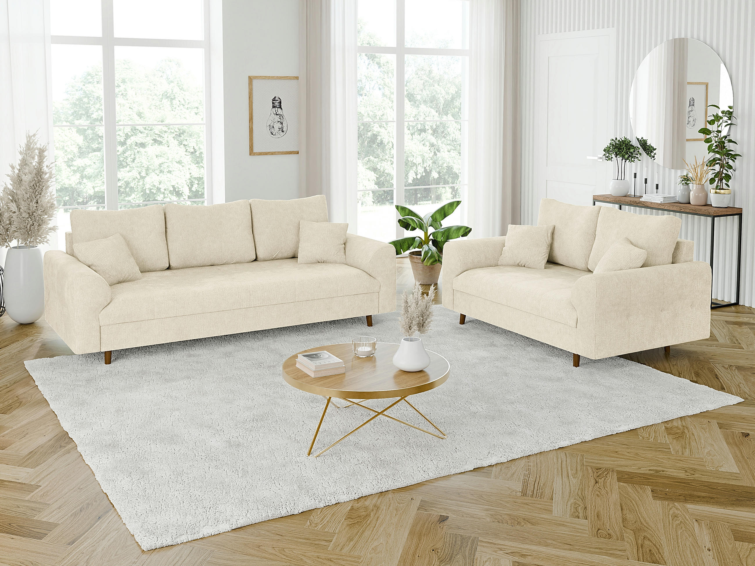 SITZGARNITUR 3+2 Sigurd Beige Chenille - Beige/Braun, Holz/Textil (210/81/93cm) - S-Style Möbel