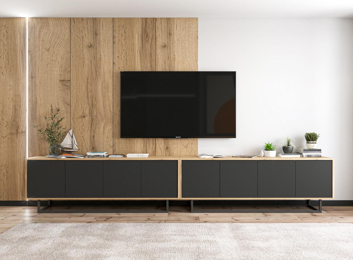TV-SCHRANK Apollo2 Eiche wotan Schwarz Matt 150/53/35 cm - Schwarz, Holzwerkstoff/Metall (150/53/35cm) - Meble Lindner