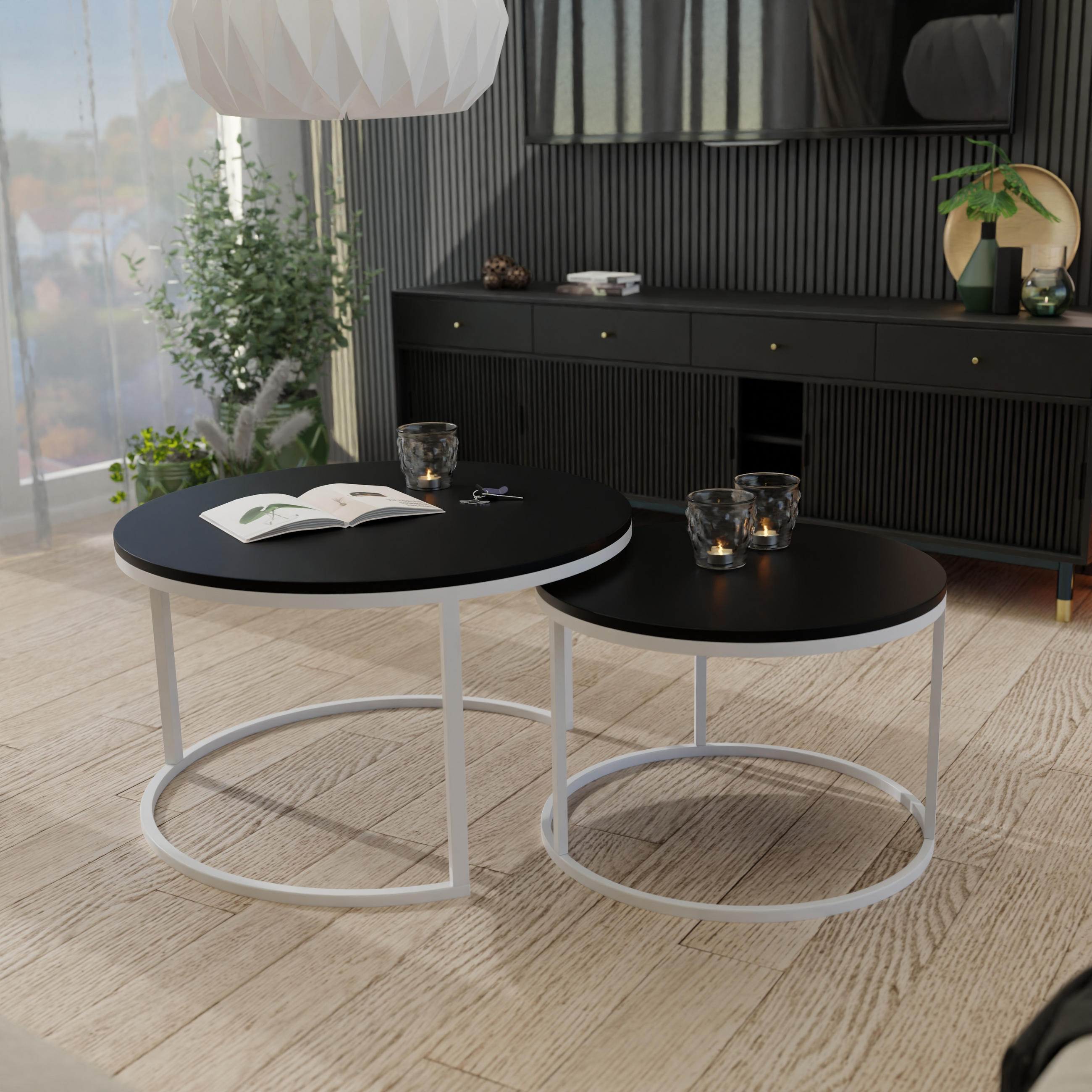 COUCHTISCH rund Klein, Mattschwarz, Rahmen Weiß - Schwarz/Weiß, Holzwerkstoff (70/70/48cm) - Idohome