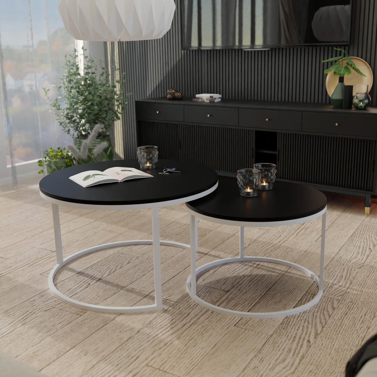 COUCHTISCH rund Klein, Mattschwarz, Rahmen Weiß - Schwarz/Weiß, Holzwerkstoff (70/70/48cm) - Idohome