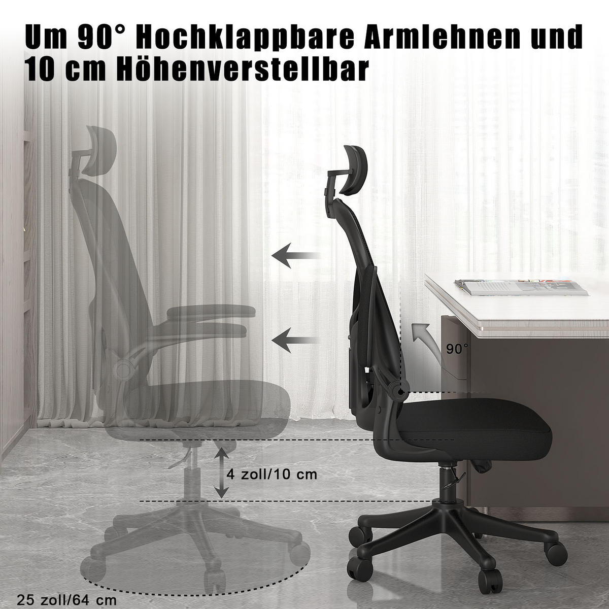 BÜROSTUHL ergonomisch, höhenverstellbar, klappbare Armlehnen, Kopfstütze – Schwarz - Schwarz, Metall (50.5/134/52cm) - Rattantree