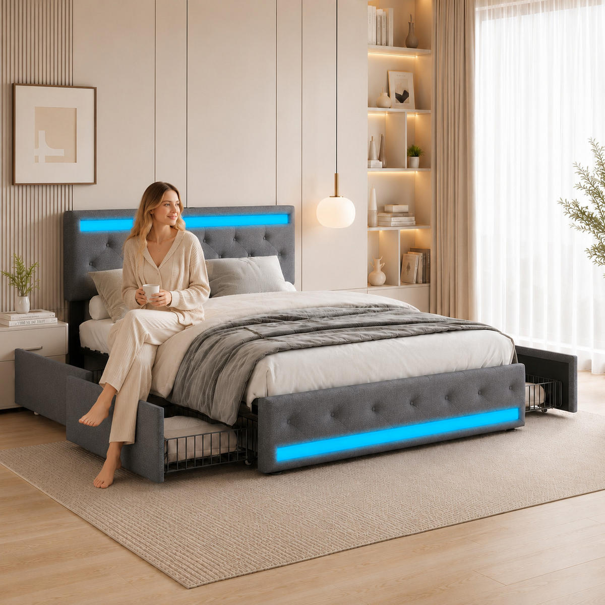 POLSTERBETT 180/200 cm in Grau mit LED-Kopf- und Fußteil, gemütlich und stilvoll - Dunkelgrau, Holz/Metall (180/200cm) - Joyfair