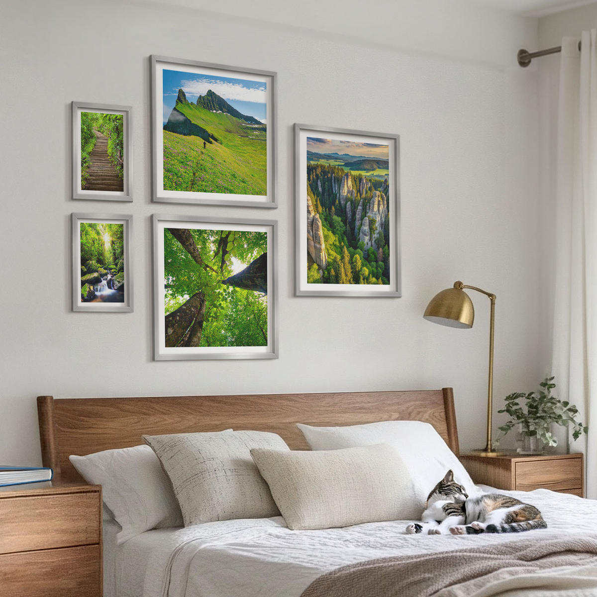 WANDBILDER 5er Set - 50x50 cm & 20x30 cm & 40x60 cm Silberner Rahmen - Grüne Berge Wasserfallwald - Silberfarben, Kunststoff (40/60cm) - ArtPrintCave