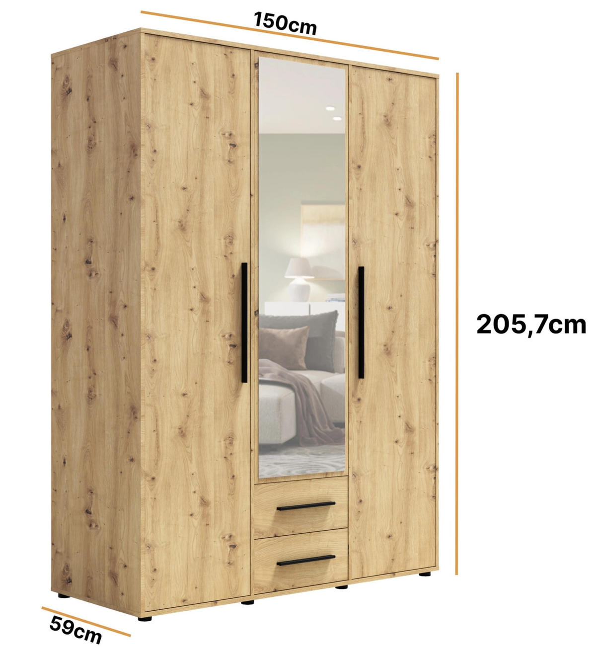 KLEIDERSCHRANK Modena 150cm mit Spiegel Artisan Oak - Schwarz/Eiche Artisan, Holzwerkstoff/Kunststoff (150/206/59cm) - Ravio