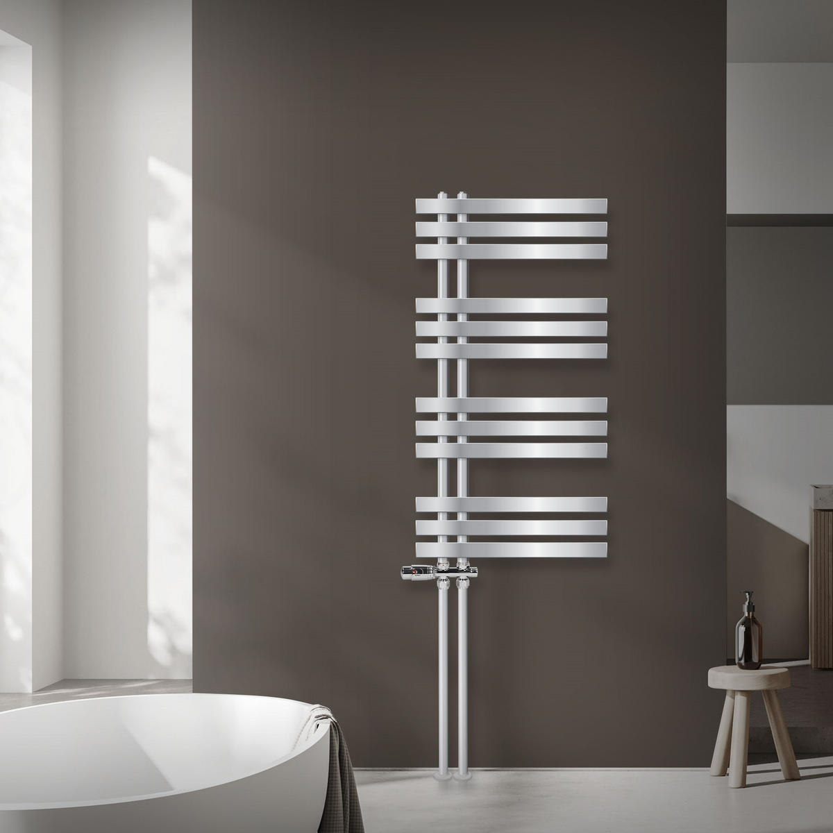 KOUPELNOVÝ radiátor Iron EM 500 × 1000 mm, chrom, s průchozím ventilem - chromová, kov (50/100/3cm) - LuxeBath