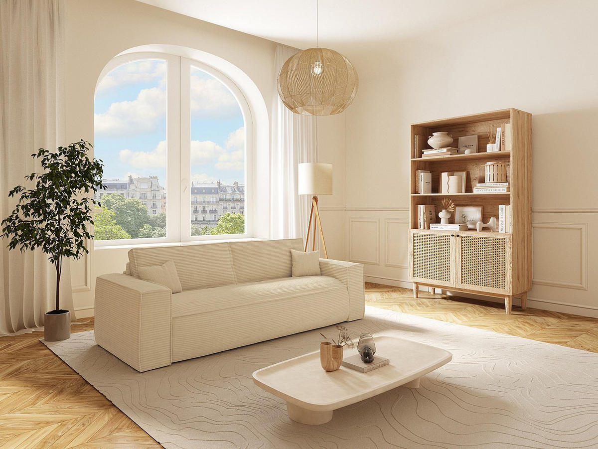 SOFA 3-Sitzer mit Matratze - Cord - Beige - Liegefläche 140 cm - Matratze 13 cm mit Memory Schaum - AMELIA - Beige, Textil (216/80/105cm) - Vente-Unique