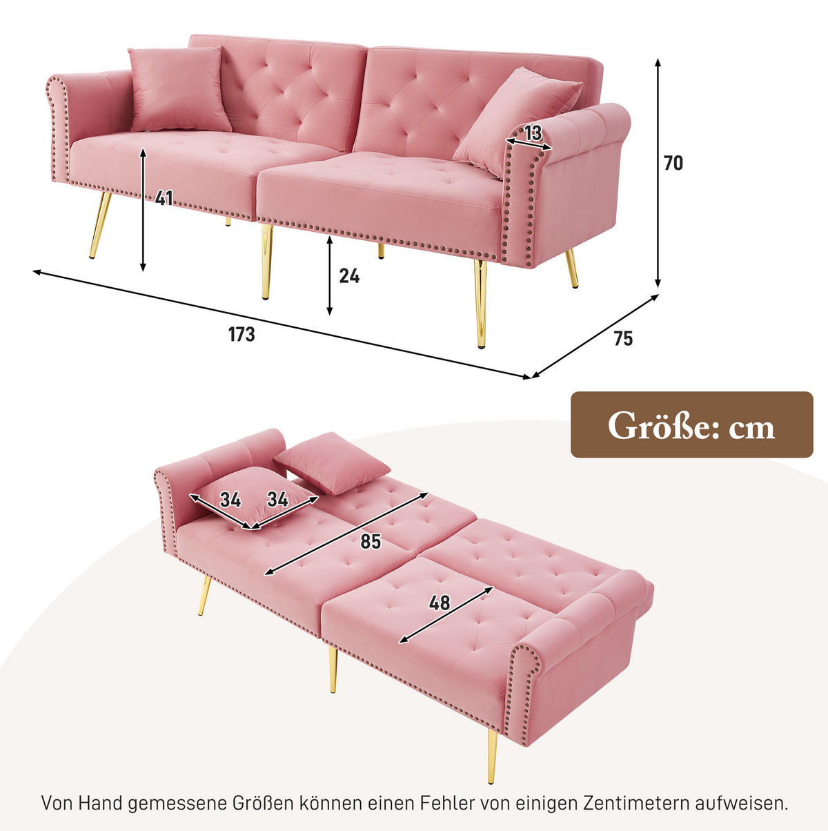 SCHLAFSOFA aus Samt 147x85 cm Pink mit 3-stufig verstellbarer Rückenlehne und 2 Kissen - Rosa, Kunststoff (75/70/173cm) - Modfu