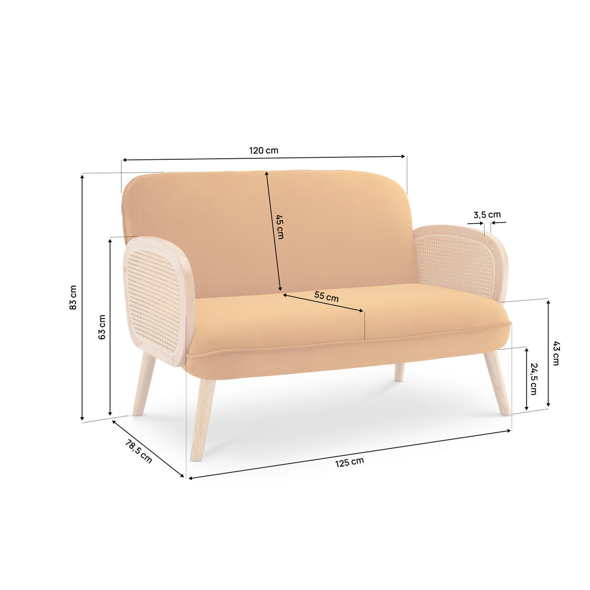 2-SITZER-SOFA Rosi Böhmisches aus Korbgeflecht und ockergelbem Samt - Dunkelgelb/Akaziefarben, Holz/Holzwerkstoff (125/83/79cm) - Sicaan