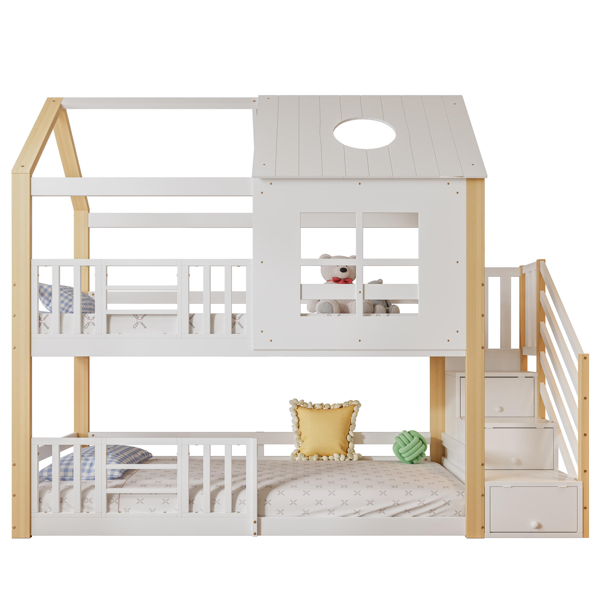 ETAGENBETT 95/200 cm Weiß/Natur aus Kiefer und MDF mit Treppenschrank - Weiß, Holz (90/200cm) - OKWISH