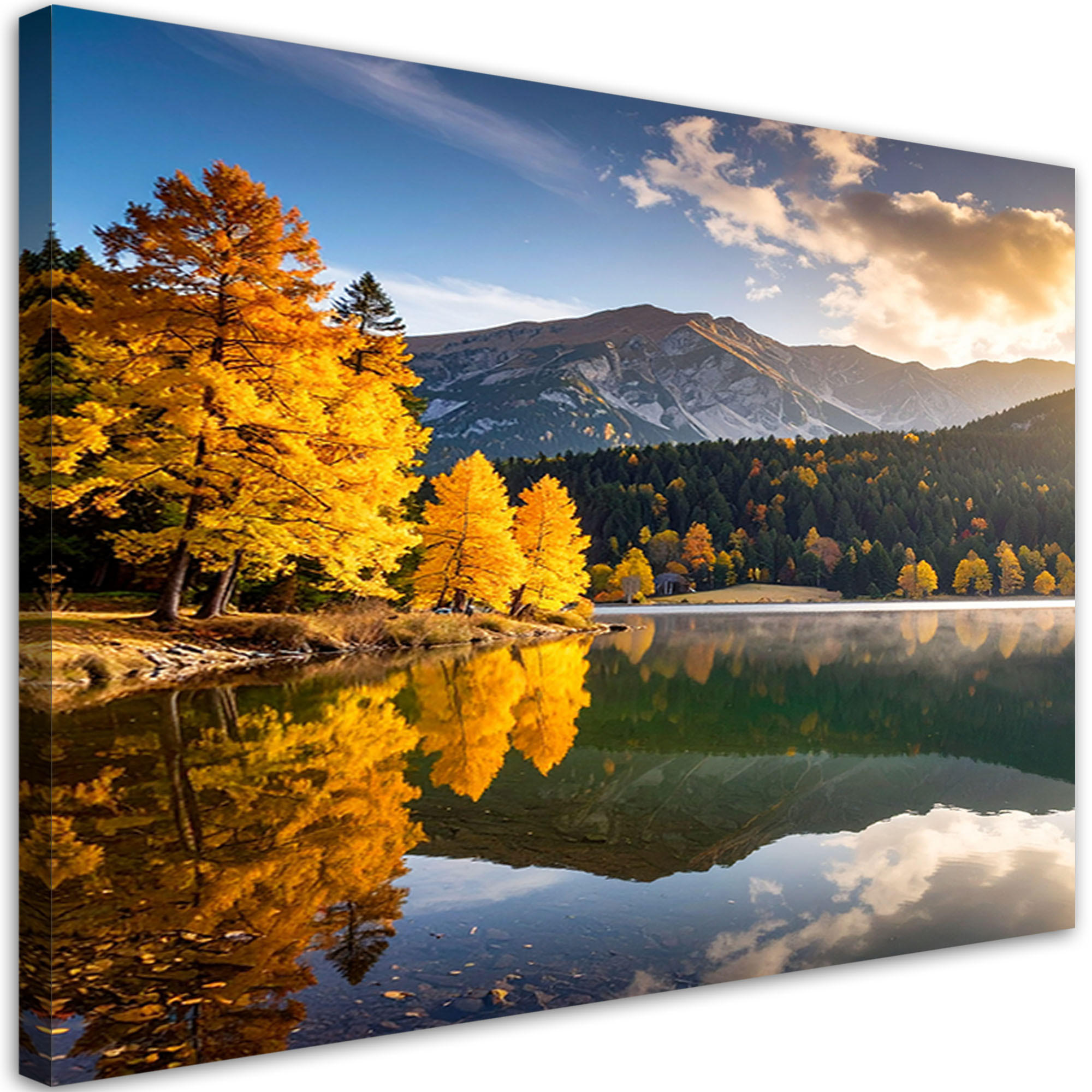 LEINWANDBILD Herbstlandschaft See Berge 120x80cm - Gelb, Textil (120/80cm) - Feeby