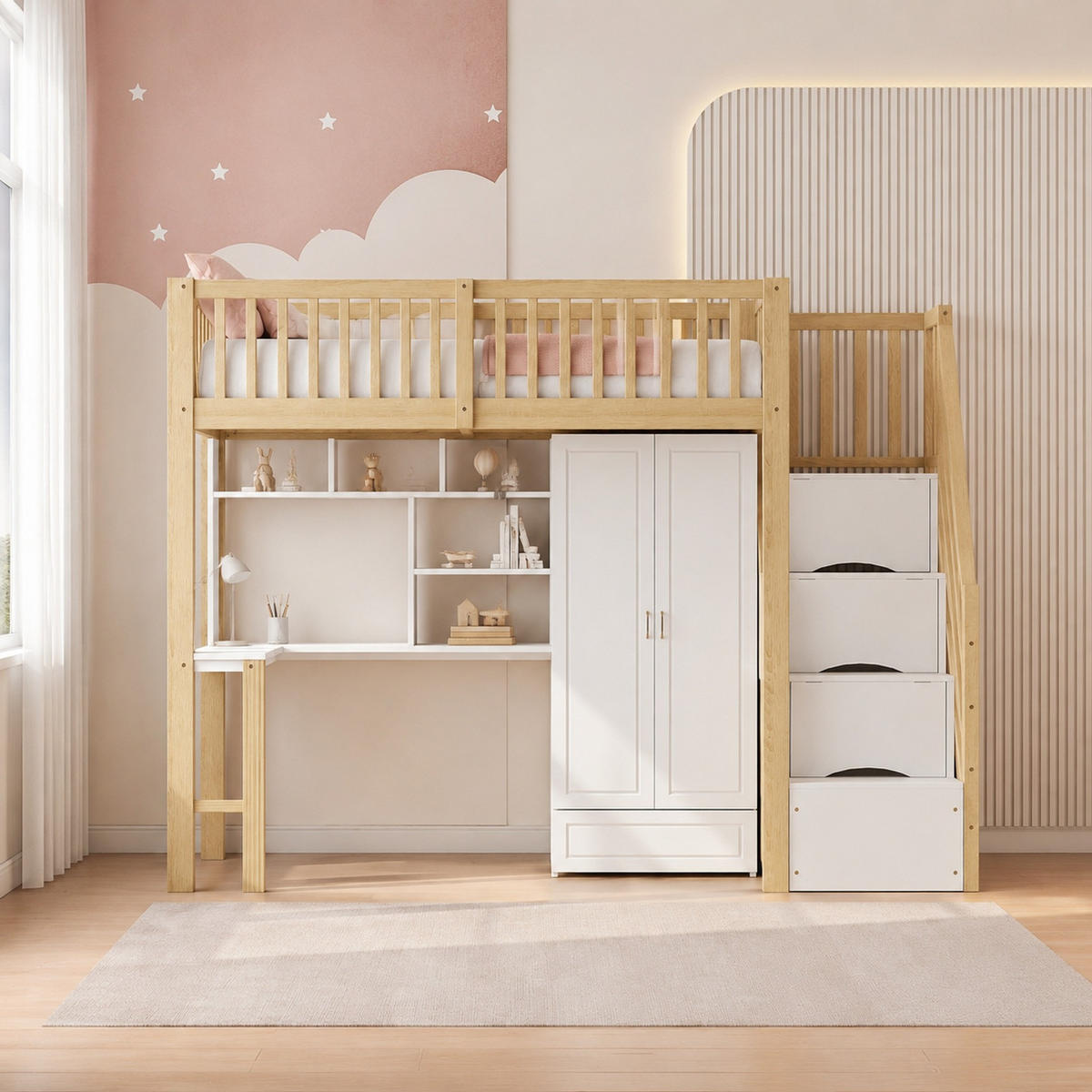 HOCHBETT 90/200 mit Kleiderschrank Regal und Tisch in Holzfarbe - Naturfarben, Holz (90/200cm) - EVRYAE