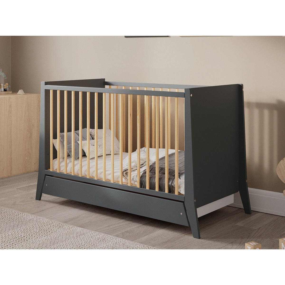 BABYBETT Zoe, Mitwachsendes, mit Schublade Anthrazit - Anthrazit, Holz (60/120cm) - Premiers Moments