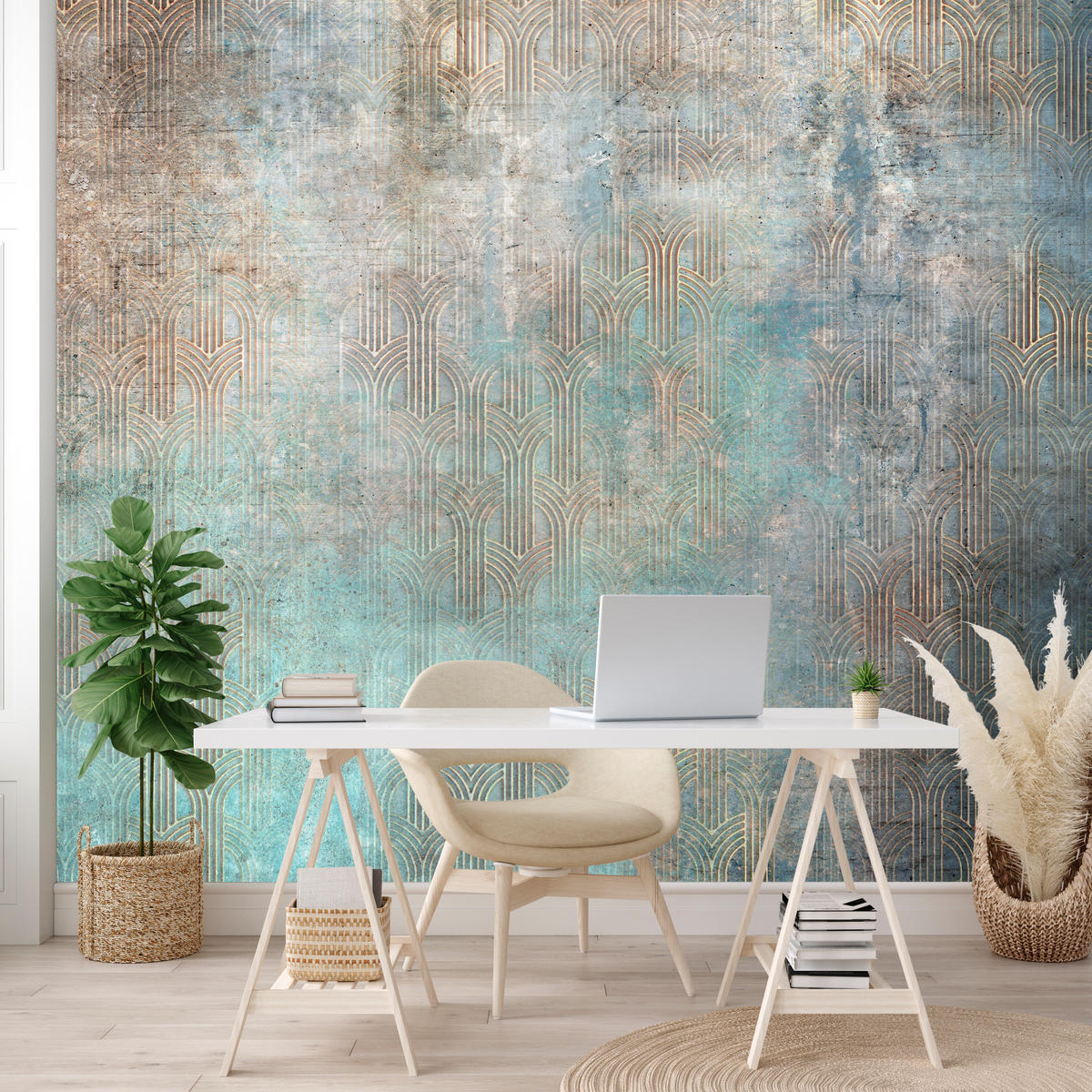 FOTOTAPETE für Wohnzimmer Abstrakter Bogen Mural Geometrie 450x315 - Türkis/Beige, Papier (450/315cm) - Muralo