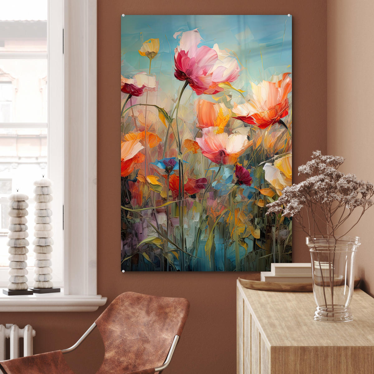 ACRYLGLASBILD Blumen - Aquarell - Kunst - Botanisch - Natur 60x90 cm - Orange, Glas (60/90cm) - MuchoWow
