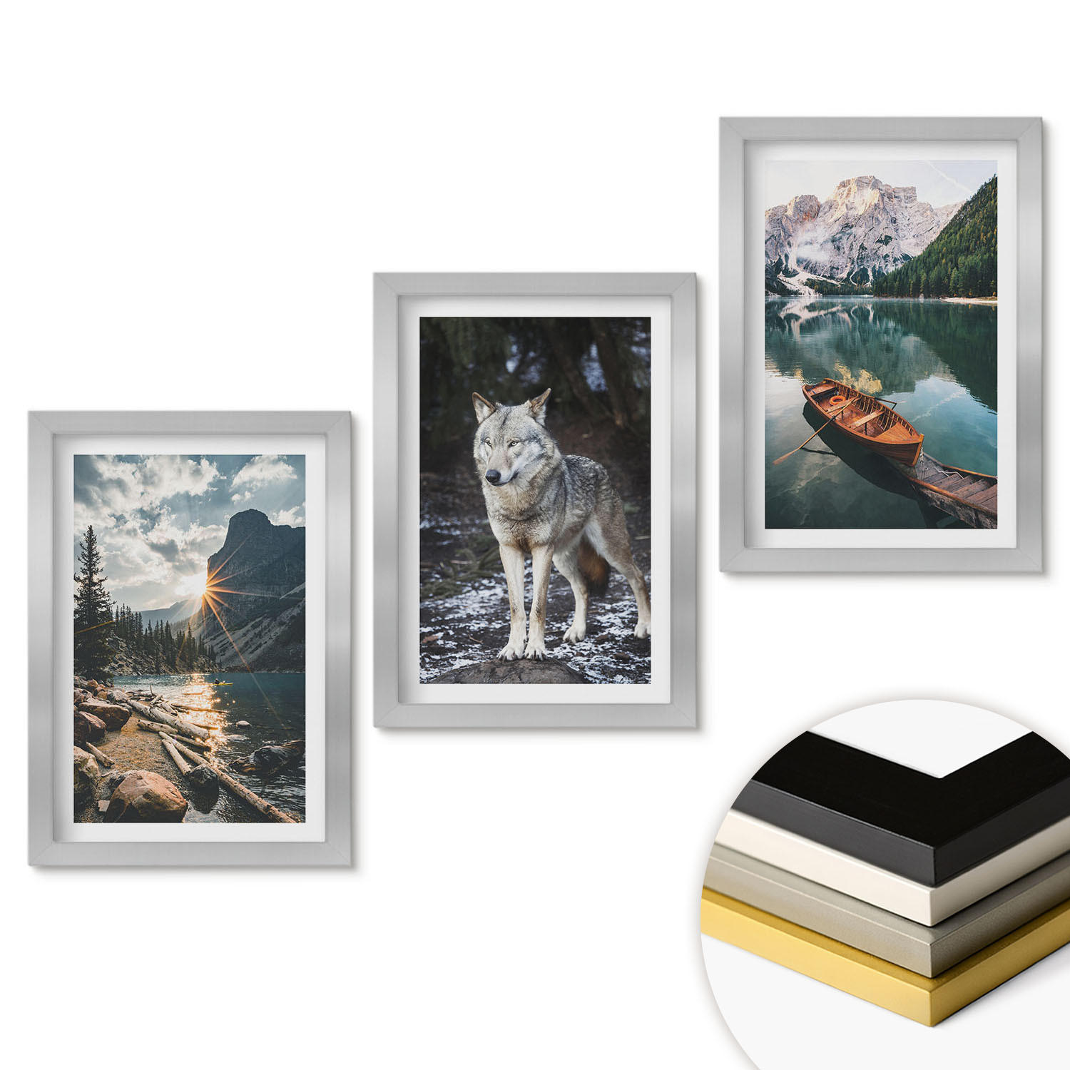 WANDBILDER 3er Set - 20x30 cm Silberner Rahmen - Berge, Seen, Wölfe, Natur - Silberfarben, Kunststoff (20/30cm) - ArtPrintCave