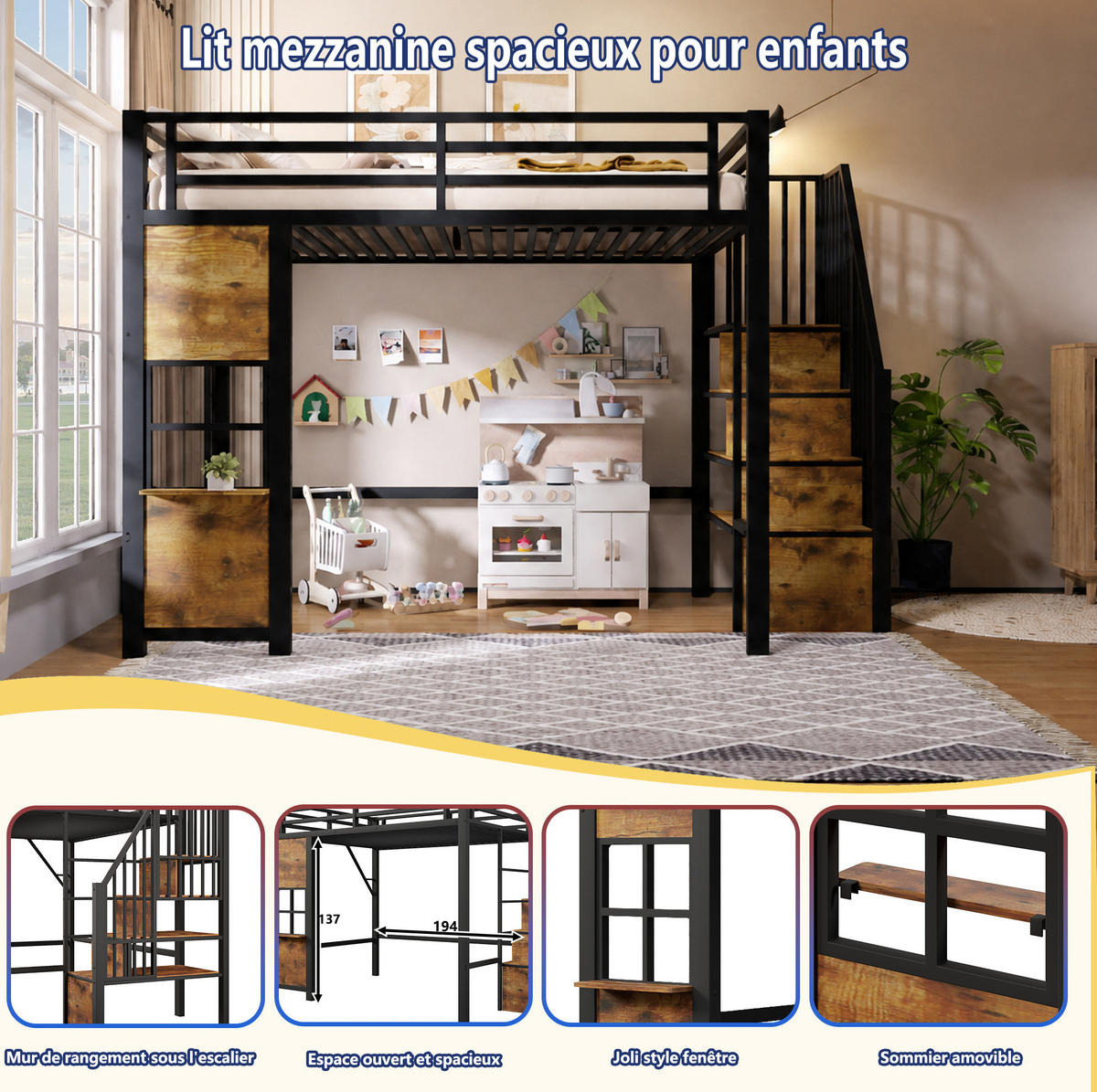HOCHBETT 140/200 cm aus MDF und Metall mit Ablageleiter, Schwarz - Schwarz, Holzwerkstoff (140/200cm) - OKMYHOME