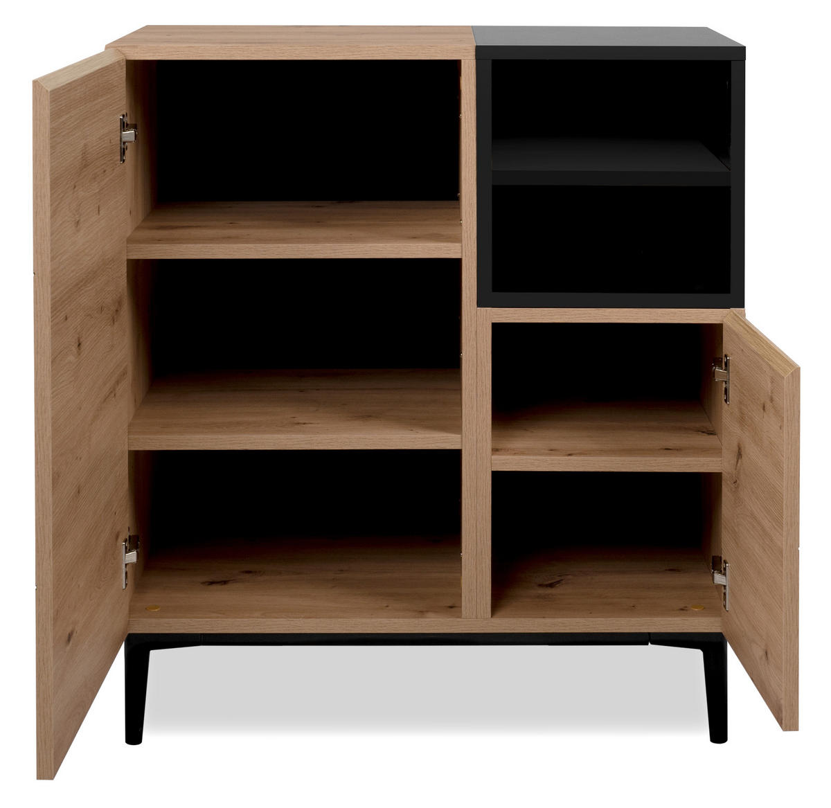 KOMMODE Eiche Artisan, schwarz 80 cm, Anrichte 2-türig mit 7 Fächern - Schwarz/Eiche Artisan, Holzwerkstoff (80/90/42cm) - Furn.Design