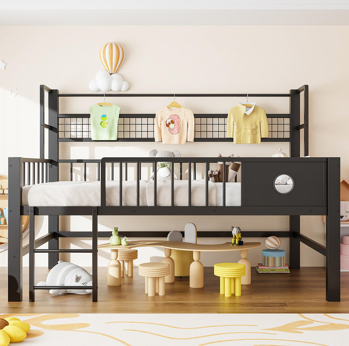 KINDEREINZELBETTEN aus Metall 90x200 cm in Schwarz mit Sicherheitsgitter & Stauraum - Schwarz, Metall (90/200cm) - Modfu