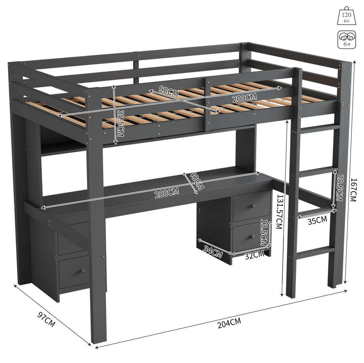 HOCHBETT 90/200 cm Grau mit Schreibtisch und Stauraum - Grau, Holz (90/200cm) - Flora Grace