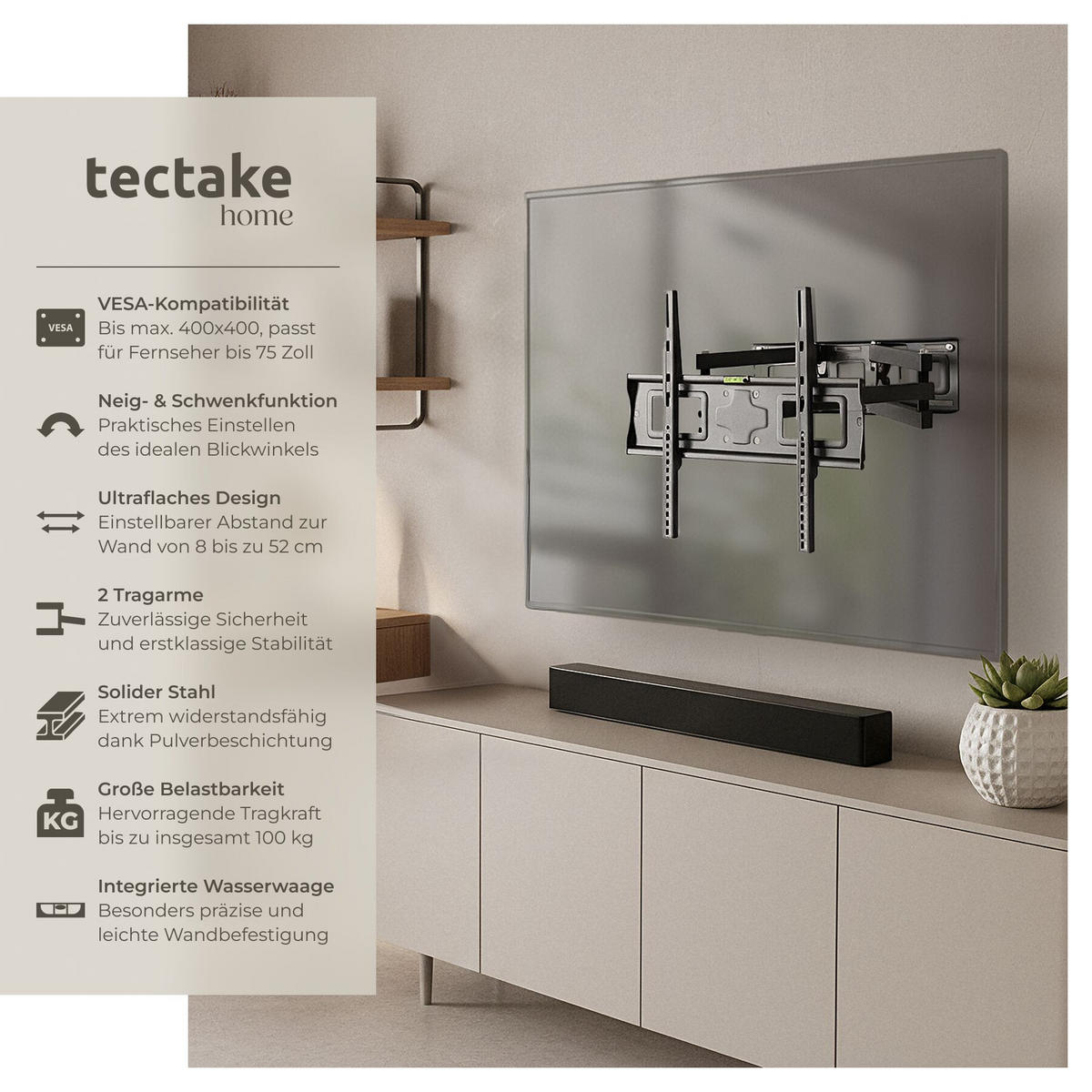 TV-WANDHALTERUNG, bis 100 kg, schwarz - Schwarz, Metall (45/40/52cm) - tectake