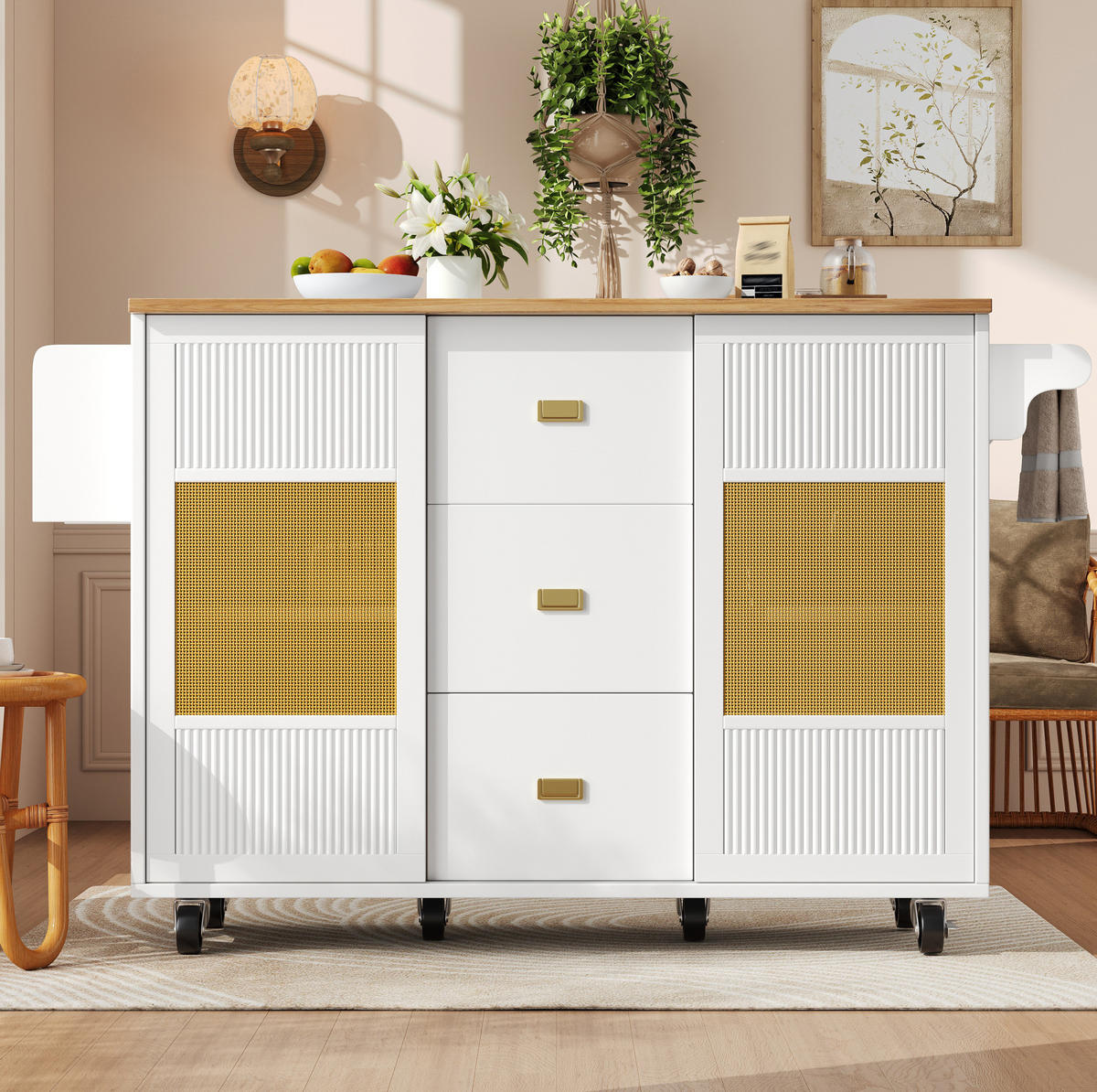 KÜCHENINSEL 146,85/90/70 cm Weiß aus MDF und Metall mit Klapptisch und Rollen - Weiß, Holzwerkstoff (70/90/146.85cm) - OKMYHOME