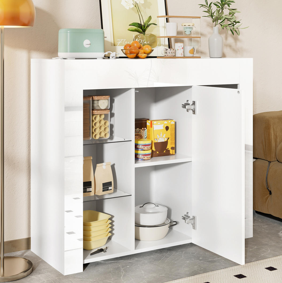 SIDEBOARD aus Spanplatte 95x35x83 cm Weiß mit Hochglanzfront, Glasregalen und Schranktür - Weiß, Holzwerkstoff (95/83/35cm) - Modfu