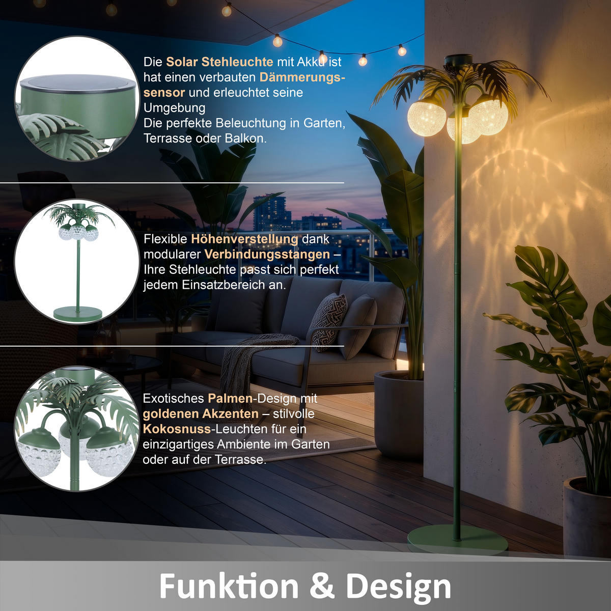 LED-SOLAR-PALME Stehleuchte grün 146 cm Metall - Dunkelgrün, Leder (45/45/146cm) - Elblight.de