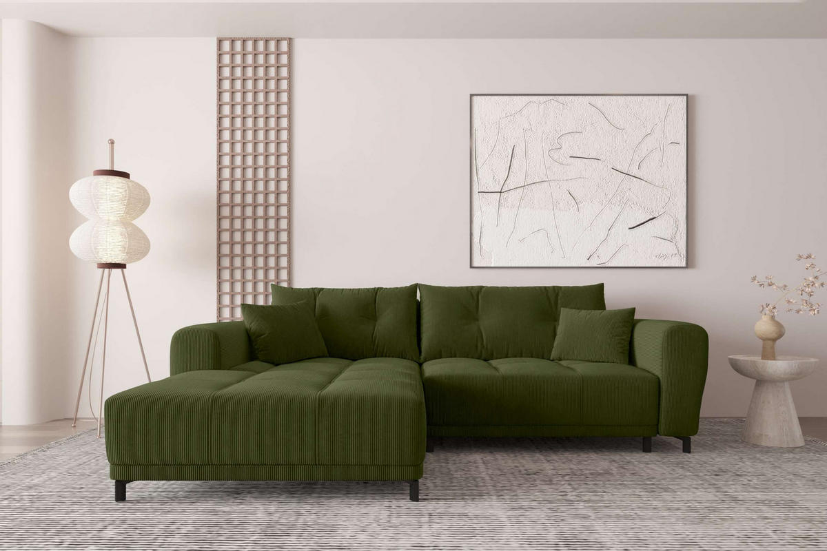 ECKSOFA Massimo Cordstoff Olivgrün inkl. Schlaffunktion Links - Schwarz/Olivgrün, Textil/Metall (246/177cm) - 99rooms