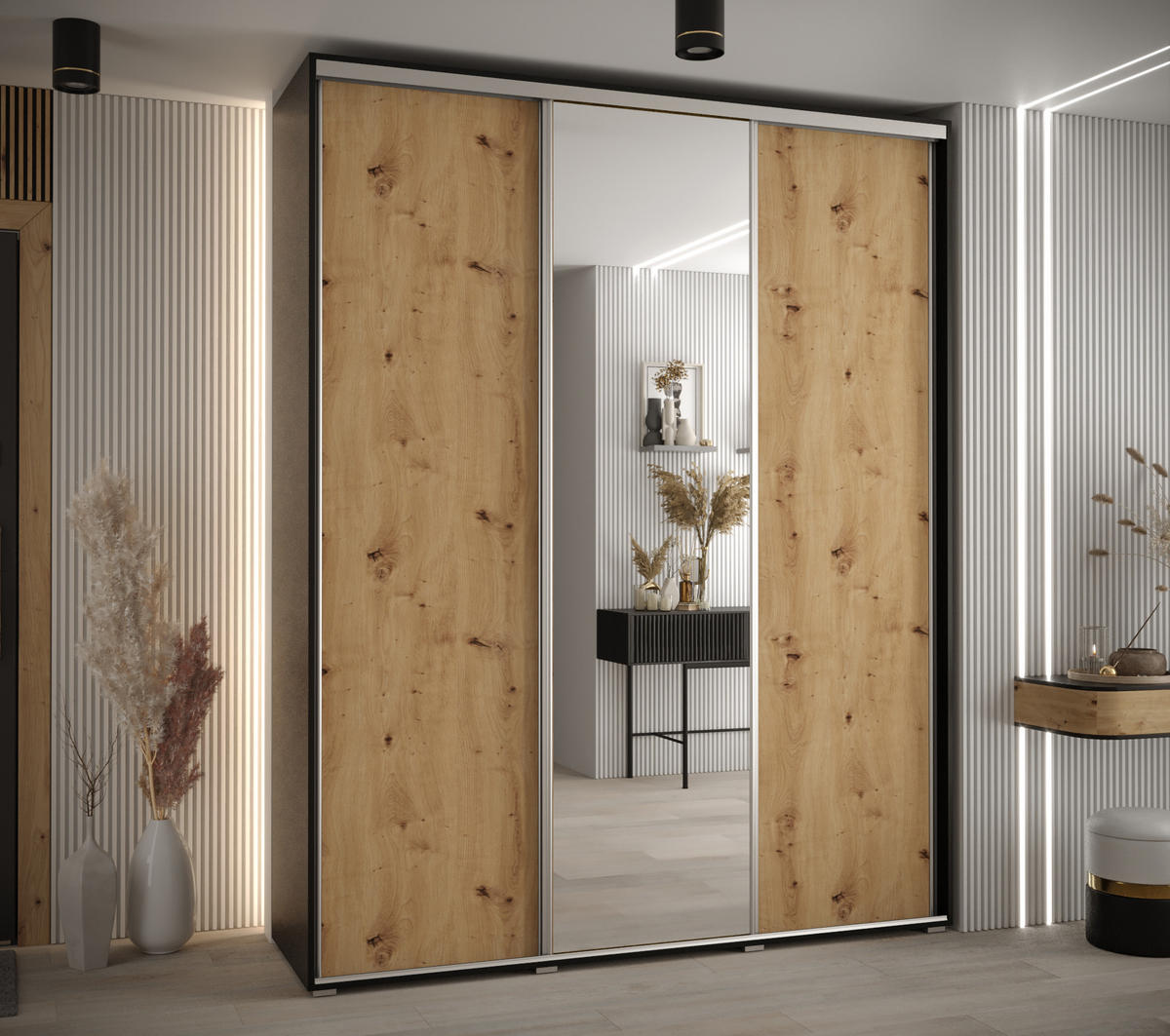 SCHWEBETÜRENSCHRANK 235,2/200/60 3-türig - Silberfarben/Schwarz, Holz/Metall (200/235/60cm) - Abiks Möbel