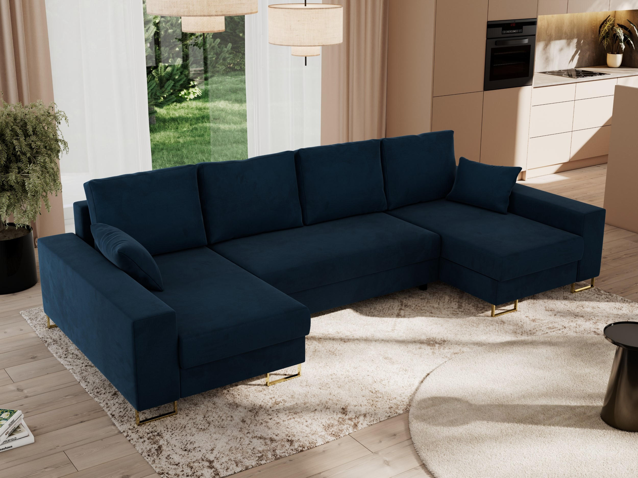 WOHNLANDSCHAFT DORIAN U Velvet Dunkelblau - Goldfarben/Dunkelblau, Textil/Metall (312/95/138cm) - MKS
