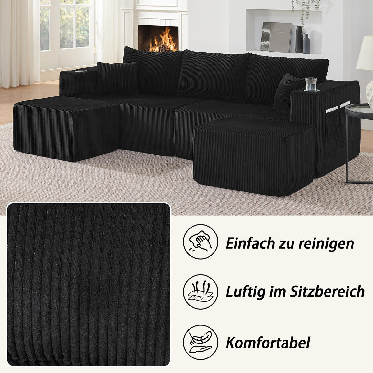 WOHNLANDSCHAFT mit 2 Ottomanen, Getränkehaltern und Seitentaschen aus Cord - Schwarz, Textil (230/75/138cm) - EVRYAE