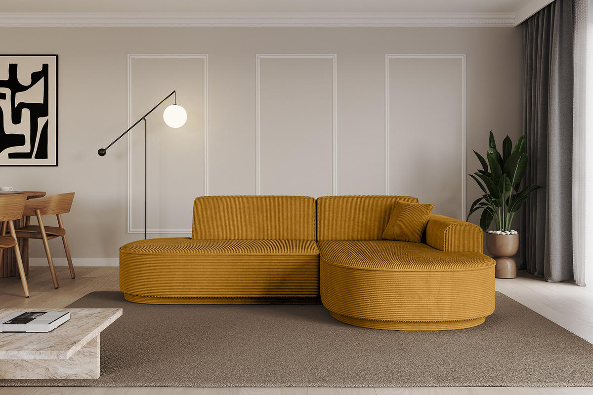 ECKSOFA Ottomane Rechts MARI-L1-v3 - 232x163x81 cm Senfgelb Cord - Gelb/Schwarz, Holzwerkstoff/Kunststoff (232/163cm) - ALTDECOR