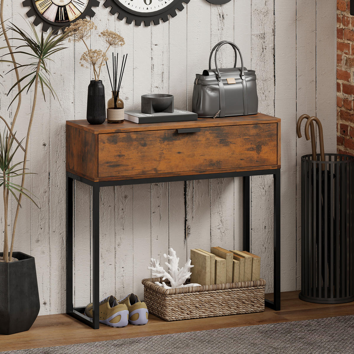 KONSOLENTISCH Flurtisch mit Schublade Stahlrahmen Beistelltisch Rustikal-Braun - Schwarz/Braun, Holzwerkstoff/Metall (80/30/76cm) - HOMCOM