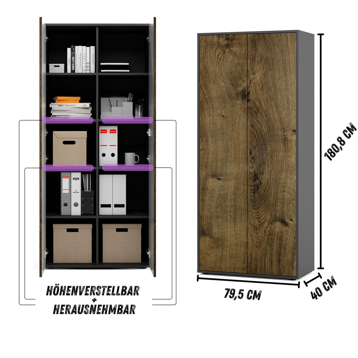 AKTENSCHRANK Amira T00 Eiche Ribbeck 180/80/40 cm - Alteiche, Holzwerkstoff (80/180/40cm) - SIMPLYFURN