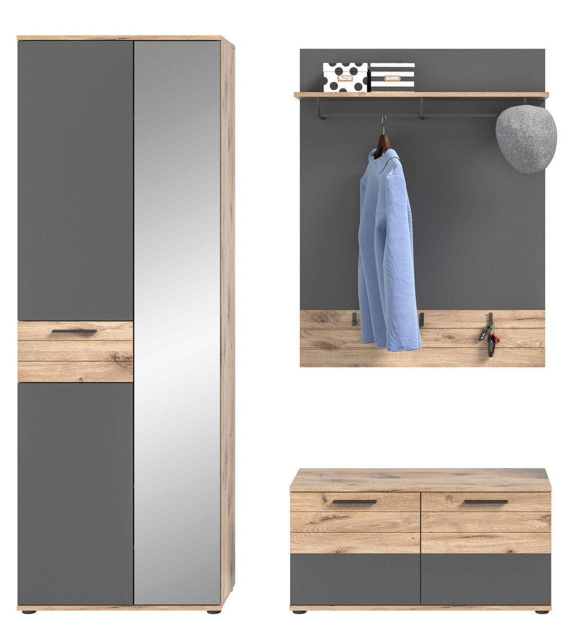 GARDEROBEN-SET MASON (B/H/T: ca. 175/200/38 cm) in Nox Oak Nachbildung/Basalt grau - Eichefarben, Holzwerkstoff (175/200/38cm)
