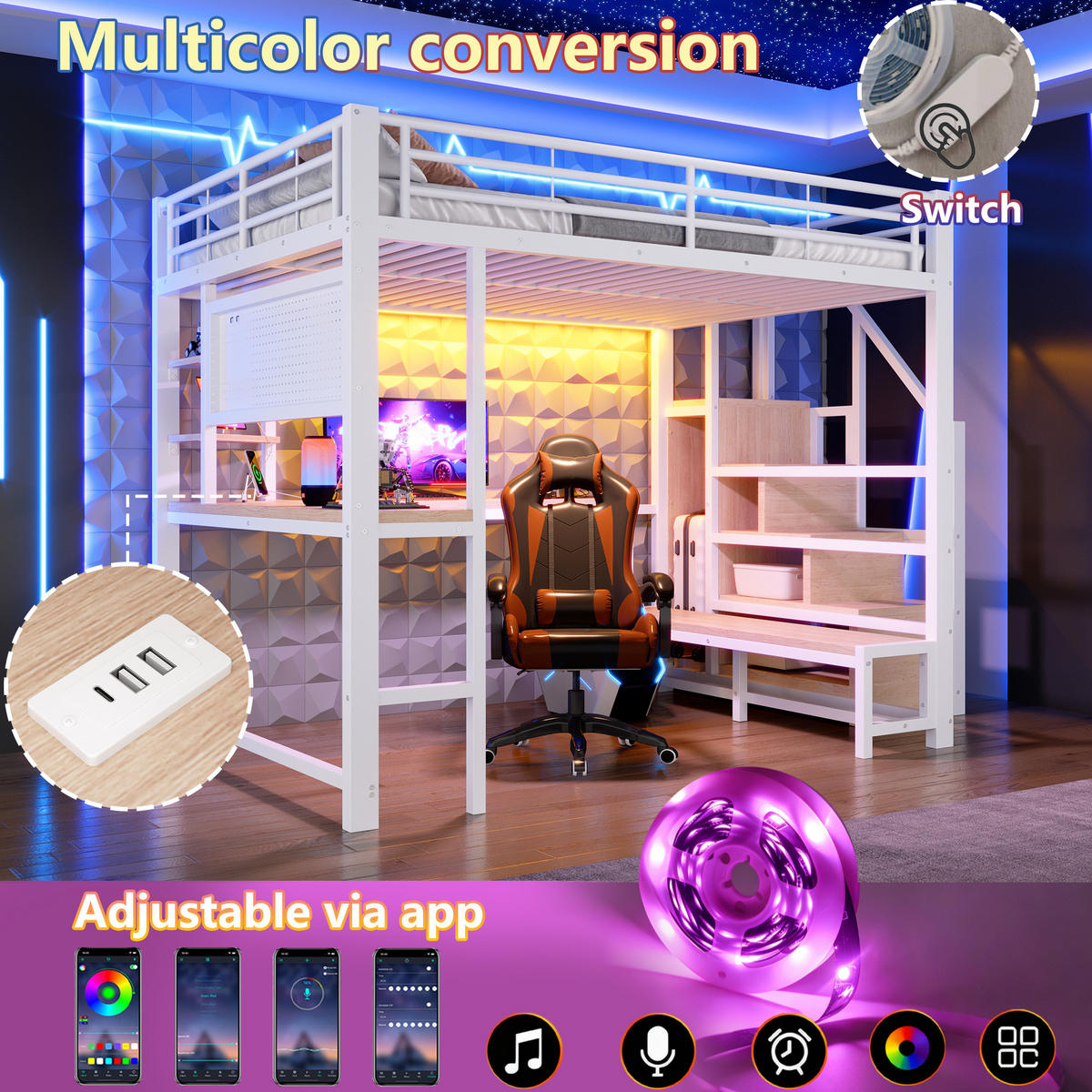 HOCHBETT 140/200 cm Weiß mit Schreibtisch, trapezförmiger Schrank und LED-Beleuchtung - Weiß, Metall (140/200cm) - Oxeza