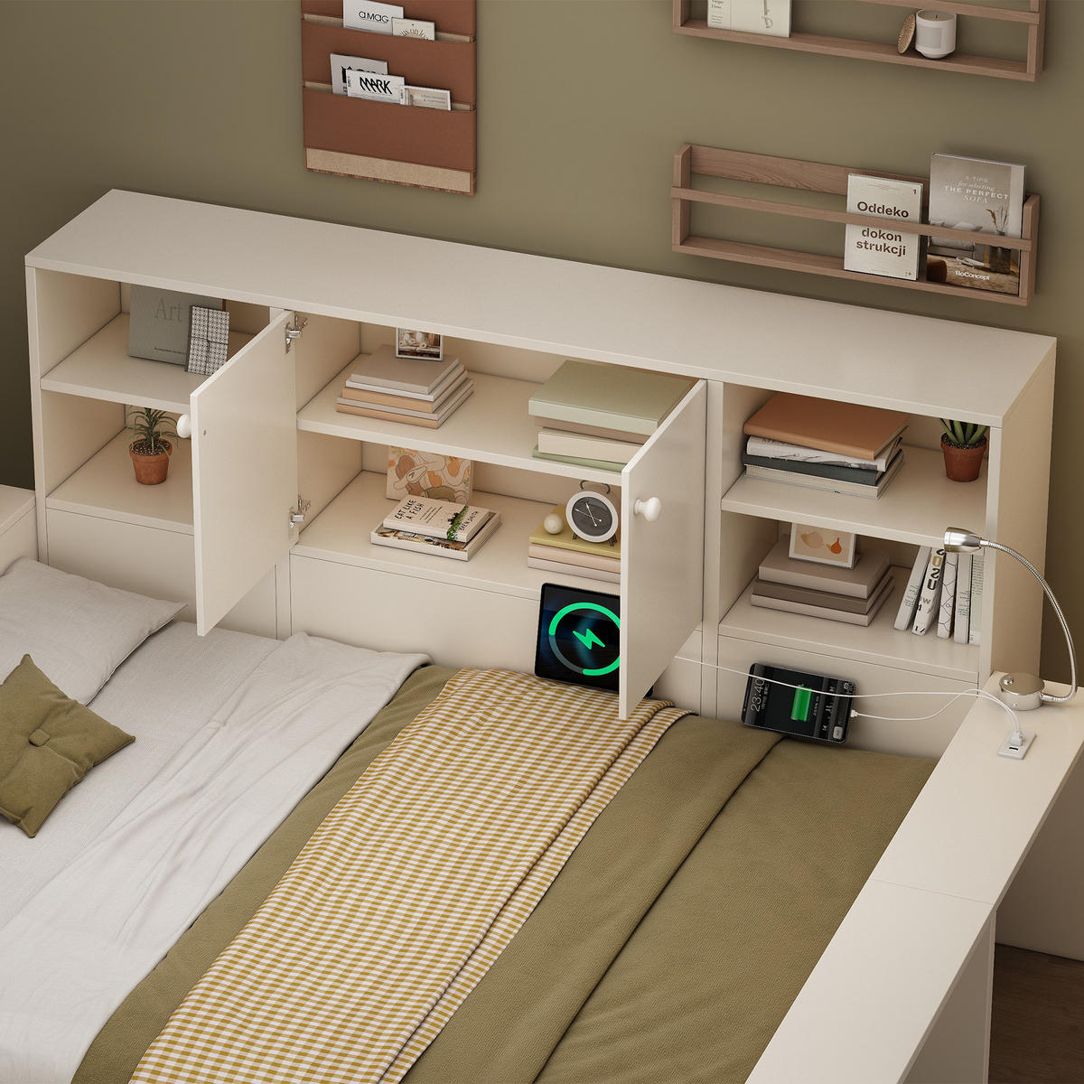 BETT 90/200 cm & 180/200 cm in Weiß mit Ausziehbett, Stauraum, USB, Type-C und LED Holz Design - Weiß, Holzwerkstoff (90/200cm) - STILVORA