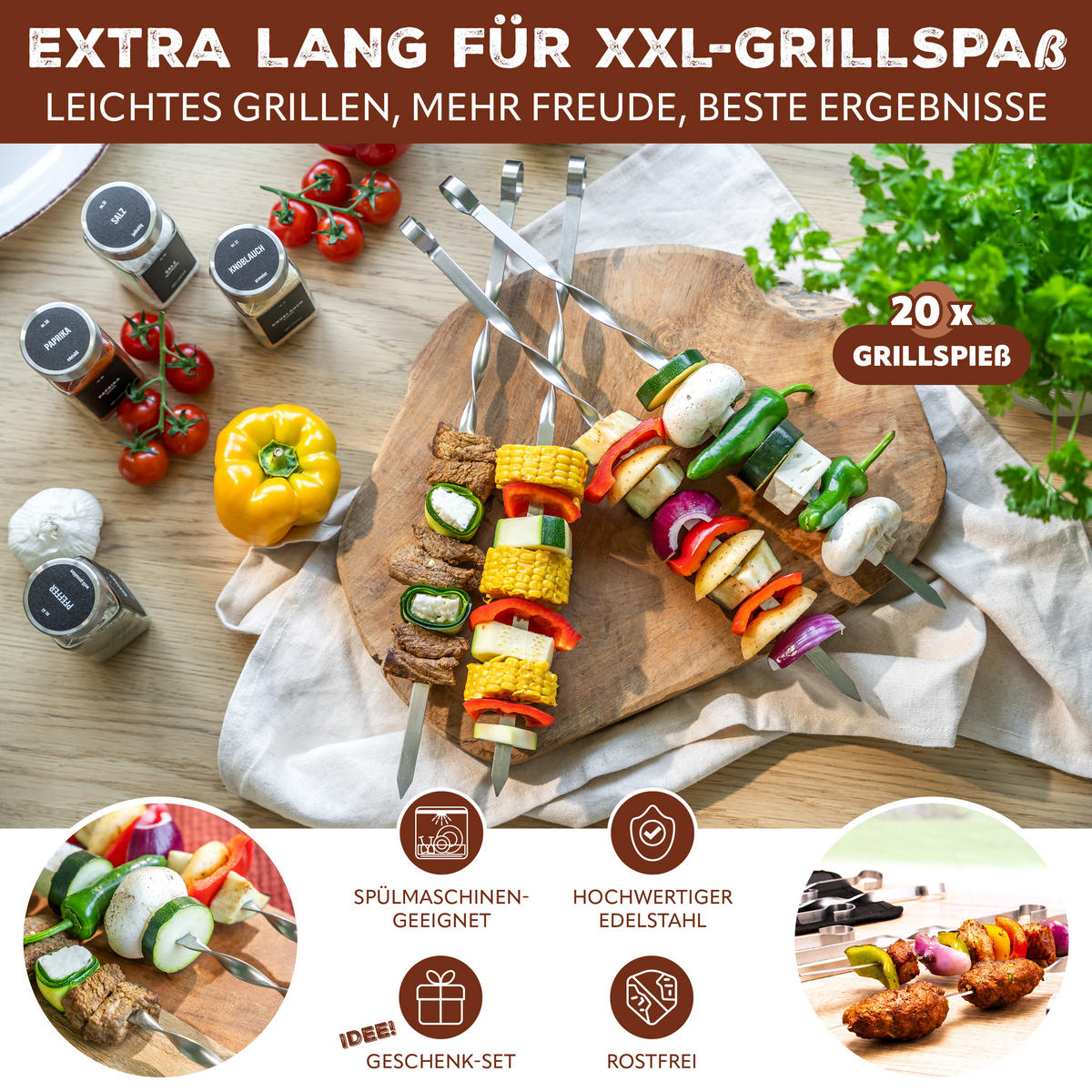 GRILLSPIESSE 20er-Set, silber, Edelstahl - Edelstahlfarben, Metall (1cm) - bremermann