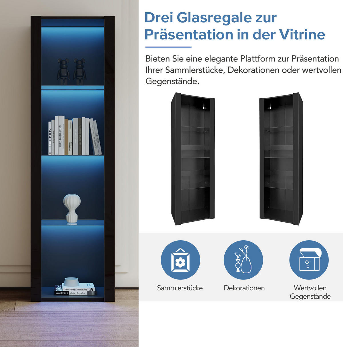VITRINE 55/38/166 cm schwarz aus Spanplatte mit LED und 3 Glasböden - Schwarz, Holzwerkstoff (55/166/38cm) - OKWISH