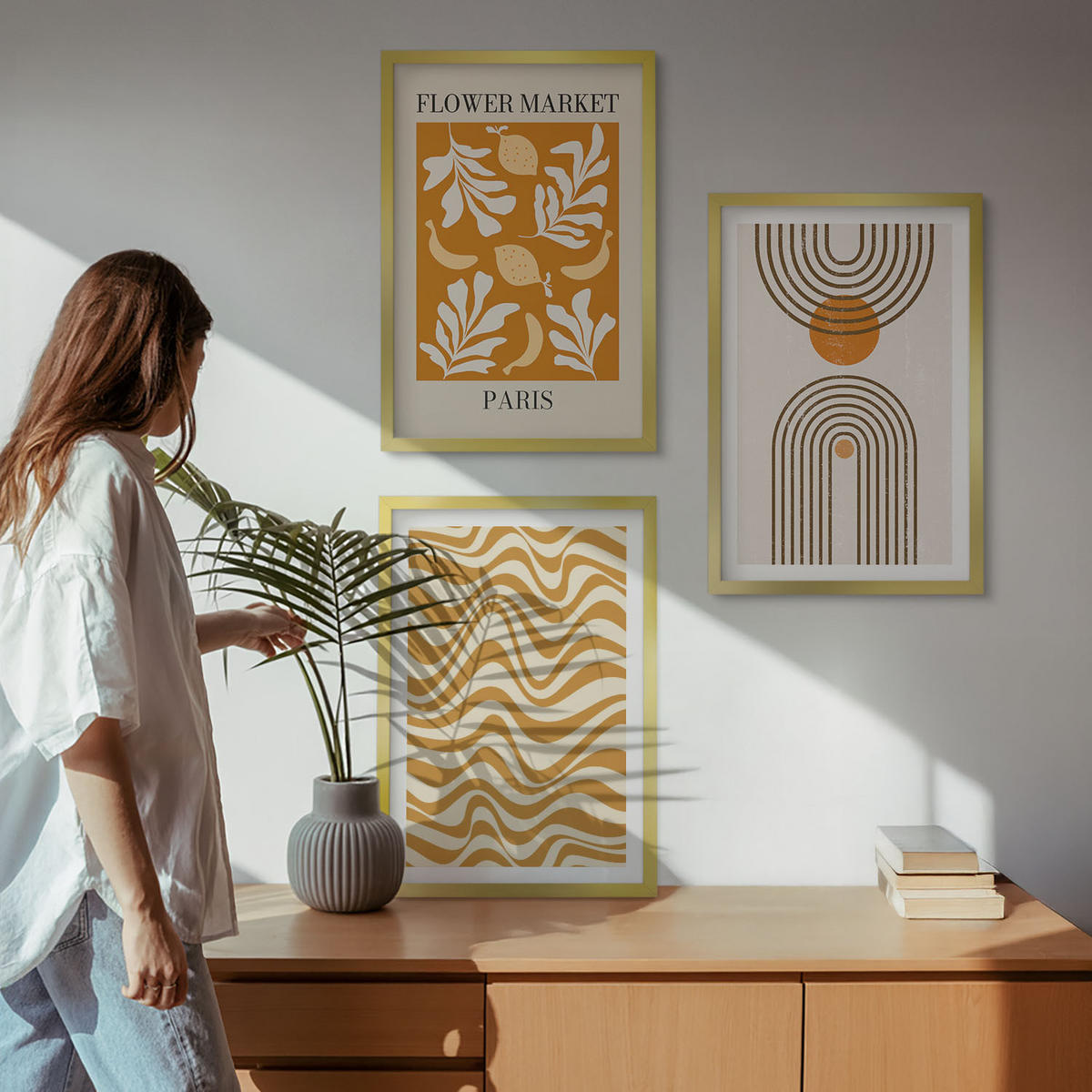 WANDBILDER 3er Set - 40x60 cm Goldrahmen - Poster mit geometrischen Pflanzenmustern - Goldfarben, Kunststoff (40/60cm) - ArtPrintCave