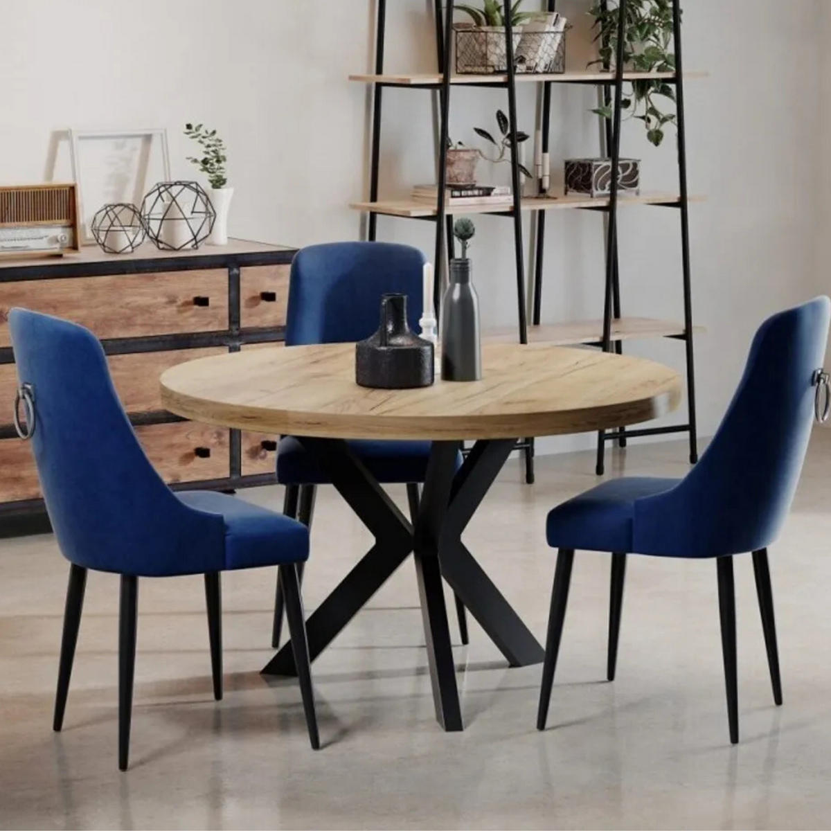 ESSZIMMERTISCH IDA, ausziehbarer Tisch Durchmesser: 90 cm bis 130 cm, Wohnzimmertisch Farbe: Naturbelassen, mit Holzbeinen in Farbe Schwarz - Hellbraun/Schwarz, Holzwerkstoff (90/90/75cm) - Sepro Meble