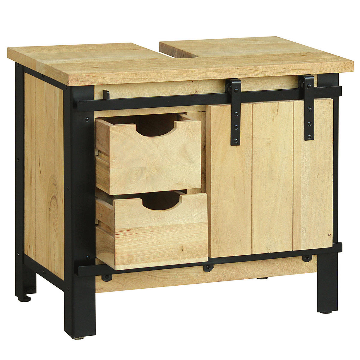 WASCHBECKENUNTERSCHRANK - Akazie massiv / Metall - Akazie / Schwarz - Akaziefarben, Holz/Metall (70/60/40cm) - home24