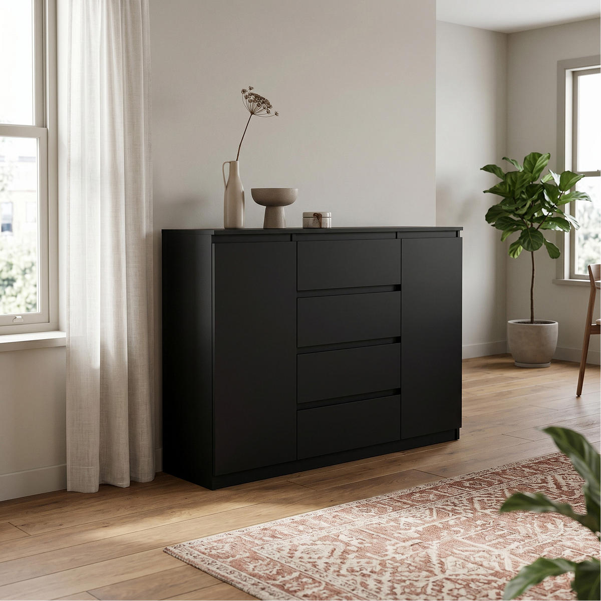 KOMMODE NUDO 138,5/101,5/39cm mit 4 Schubladen 2 Türen Schwarz - Schwarz, Holzwerkstoff (138.5/101.5/39cm) - MASSENO