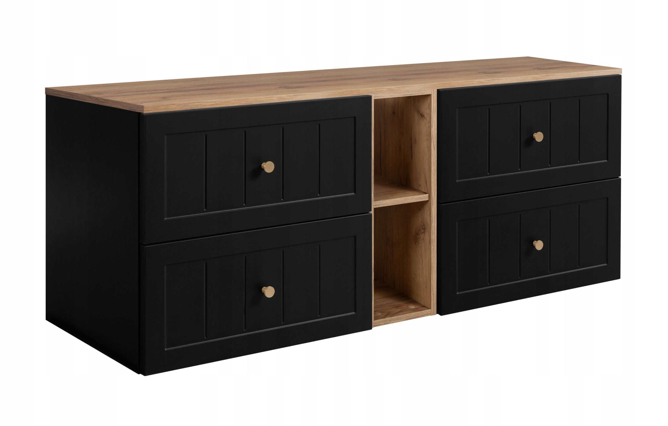 WASCHBECKUNTERSCHRANK GUSTO 140 cm mit Arbeitsplatte Farbe: Eichen Craft mit einer Mattzblacken Platte - Eichefarben/Schwarz, Holzwerkstoff (140/58/46cm) - Rodan